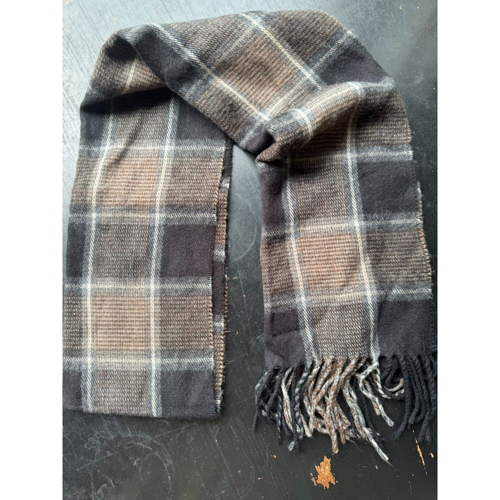 Cashme Made in Italy Plaid Fringe Scarf, Tan Cream Black, 54” X 12”, unisex